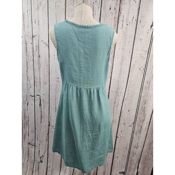 ALK Women's S Terzo Millennio Italy Teal Crochet Neckline 100% Linen Shift Dress - Picture 4 of 9